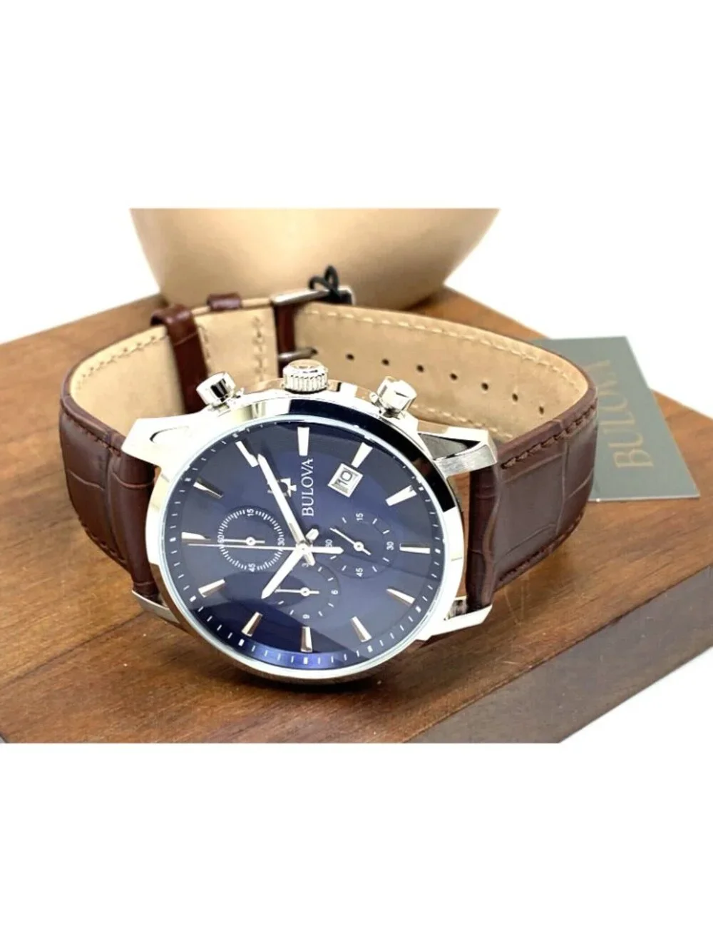 Bulova Men's Watch 96B402 Chronograph Quartz Blue Dial Brown Leather Strap 41mm